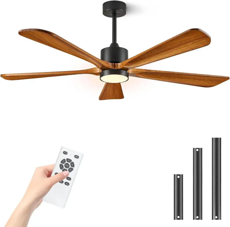 60-Inch Outdoor Ceiling Fan with Integrated LED Light and Remote – Modern DC Motor, 6-Speed Reversible, 5 Wooden Blades (Dark Brown)