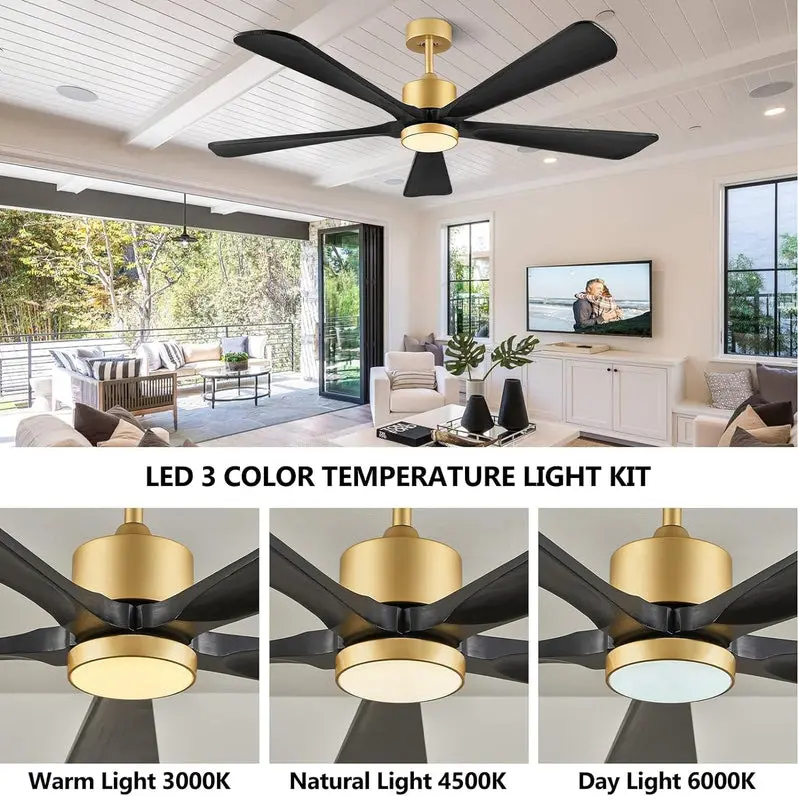 60-Inch Outdoor Ceiling Fan with Integrated LED Light and Remote – Modern DC Motor, 6-Speed Reversible, 5 Wooden Blades (Dark Brown)