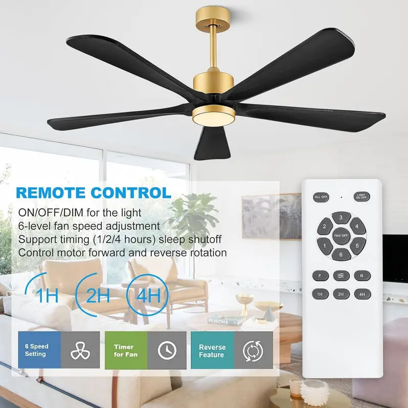 60-Inch Outdoor Ceiling Fan with Integrated LED Light and Remote – Modern DC Motor, 6-Speed Reversible, 5 Wooden Blades (Dark Brown)
