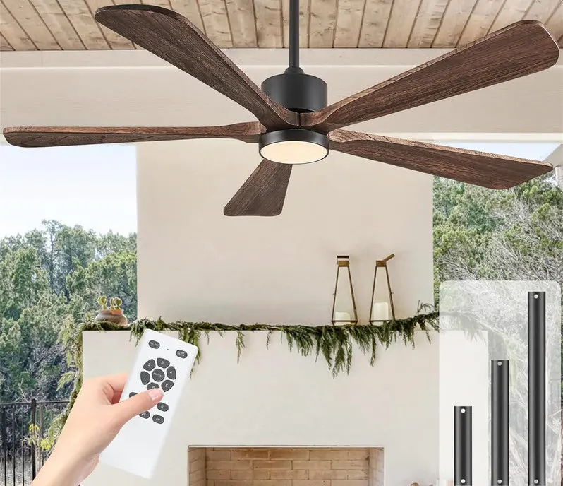 60-Inch Outdoor Ceiling Fan with Integrated LED Light and Remote – Modern DC Motor, 6-Speed Reversible, 5 Wooden Blades (Dark Brown)