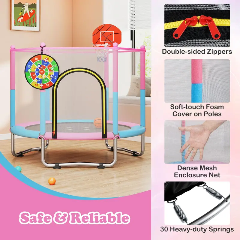 60-Inch Toddler Trampoline – Safe Recreational Bouncer with Basketball Hoop for Ages 3–6