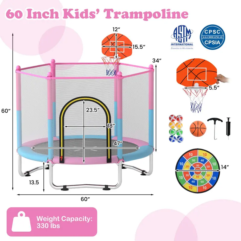 60-Inch Toddler Trampoline – Safe Recreational Bouncer with Basketball Hoop for Ages 3–6