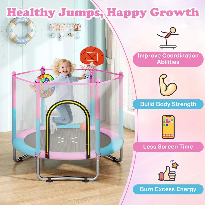60-Inch Toddler Trampoline – Safe Recreational Bouncer with Basketball Hoop for Ages 3–6