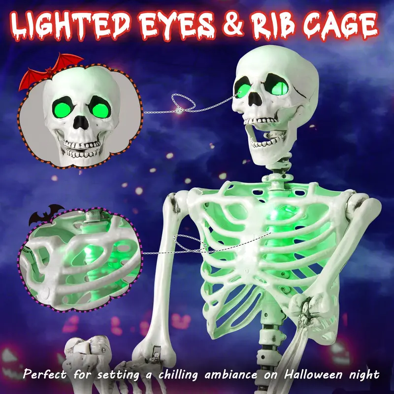 63-Inch LED-Illuminated Skeleton – Light-Up Halloween Decoration with Green Glow Effects