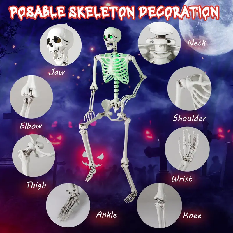 63-Inch LED-Illuminated Skeleton – Light-Up Halloween Decoration with Green Glow Effects