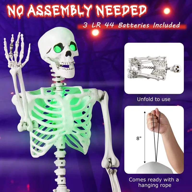 63-Inch LED-Illuminated Skeleton – Light-Up Halloween Decoration with Green Glow Effects