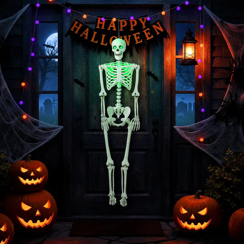 63-Inch LED-Illuminated Skeleton – Light-Up Halloween Decoration with Green Glow Effects