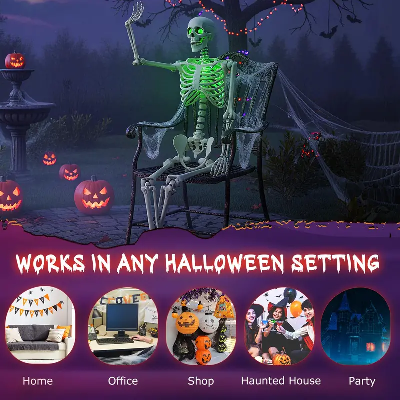63-Inch LED-Illuminated Skeleton – Light-Up Halloween Decoration with Green Glow Effects