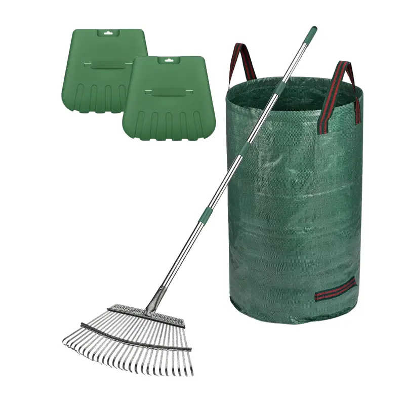 65-Inch Heavy-Duty 25-Tine Alloy Steel Garden Rake with Leaf Scoop & Bag
