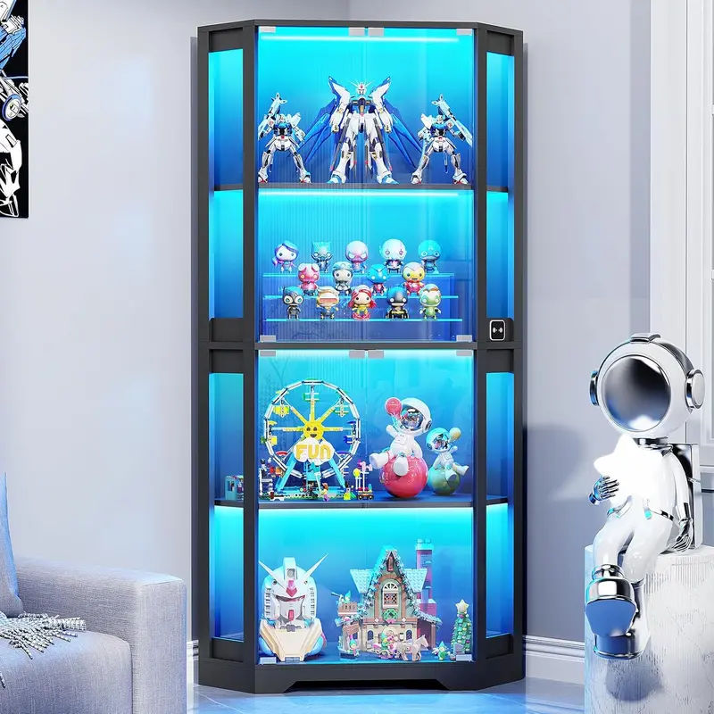 65-Inch Lighted Curio Cabinet – Glass-Door Display Case with 3-Color LED Lighting and Motion Sensor for Collectibles and Trophies
