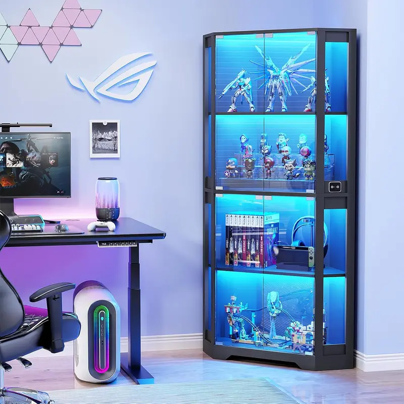 65-Inch Lighted Curio Cabinet – Glass-Door Display Case with 3-Color LED Lighting and Motion Sensor for Collectibles and Trophies