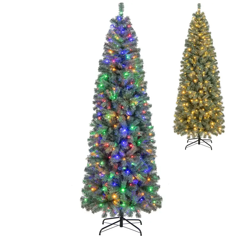 7.5-Foot Blue Slim Pencil Christmas Tree – Pre-Lit with 250 Warm White & Multicolor LEDs, 9 Lighting Modes, 724 Branch Tips