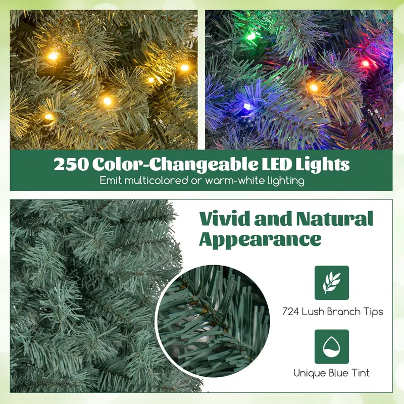 7.5-Foot Blue Slim Pencil Christmas Tree – Pre-Lit with 250 Warm White & Multicolor LEDs, 9 Lighting Modes, 724 Branch Tips
