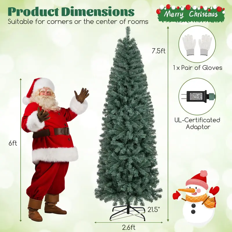 7.5-Foot Blue Slim Pencil Christmas Tree – Pre-Lit with 250 Warm White & Multicolor LEDs, 9 Lighting Modes, 724 Branch Tips