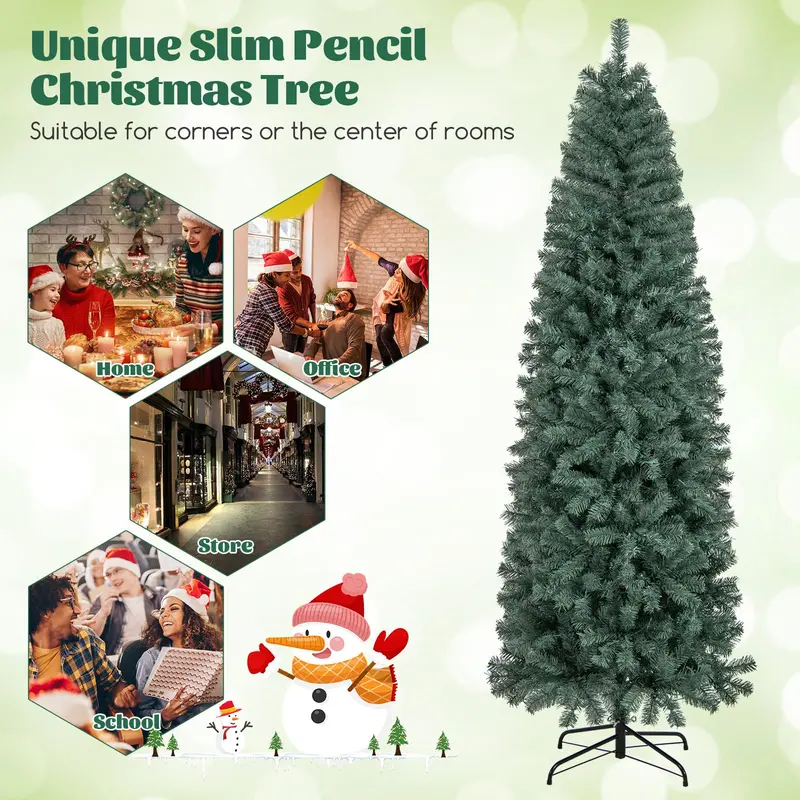 7.5-Foot Blue Slim Pencil Christmas Tree – Pre-Lit with 250 Warm White & Multicolor LEDs, 9 Lighting Modes, 724 Branch Tips