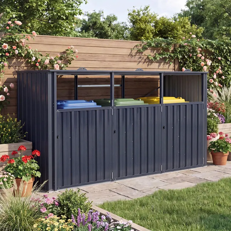 7.8 ft x 2.6 ft Triple-Bin Outdoor Trash Enclosure – Flip-Lid Metal Garbage Shed