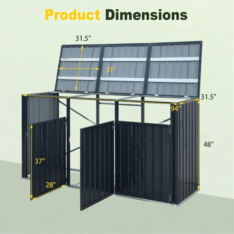 7.8 ft x 2.6 ft Triple-Bin Outdoor Trash Enclosure – Flip-Lid Metal Garbage Shed 2