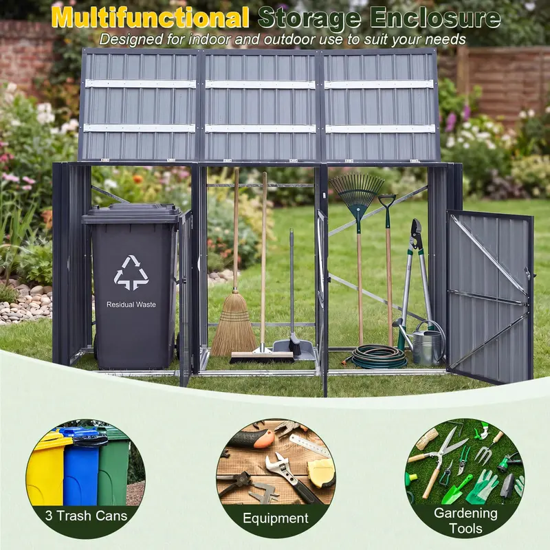 7.8 ft x 2.6 ft Triple-Bin Outdoor Trash Enclosure – Flip-Lid Metal Garbage Shed