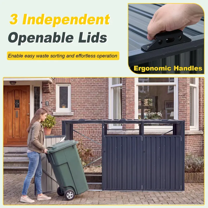 7.8 ft x 2.6 ft Triple-Bin Outdoor Trash Enclosure – Flip-Lid Metal Garbage Shed