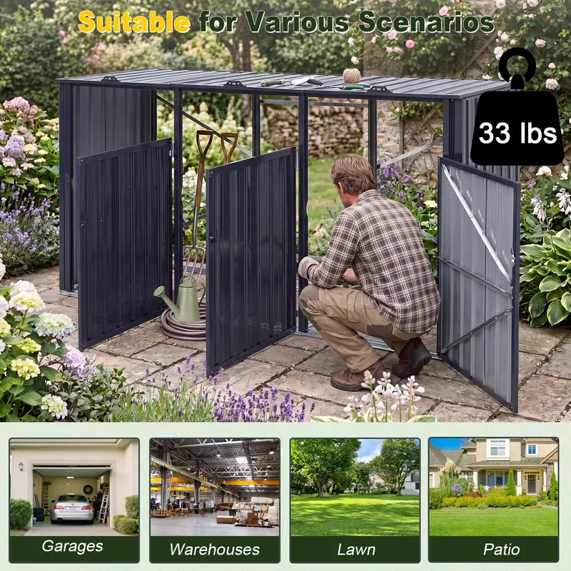 7.8 ft x 2.6 ft Triple-Bin Outdoor Trash Enclosure – Flip-Lid Metal Garbage Shed