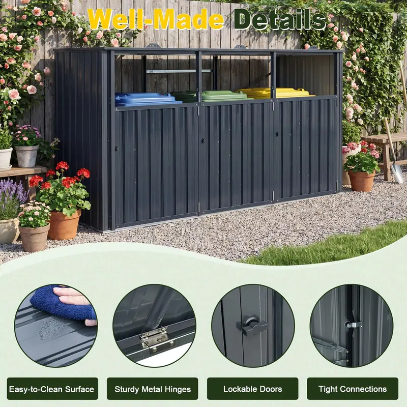 7.8 ft x 2.6 ft Triple-Bin Outdoor Trash Enclosure – Flip-Lid Metal Garbage Shed