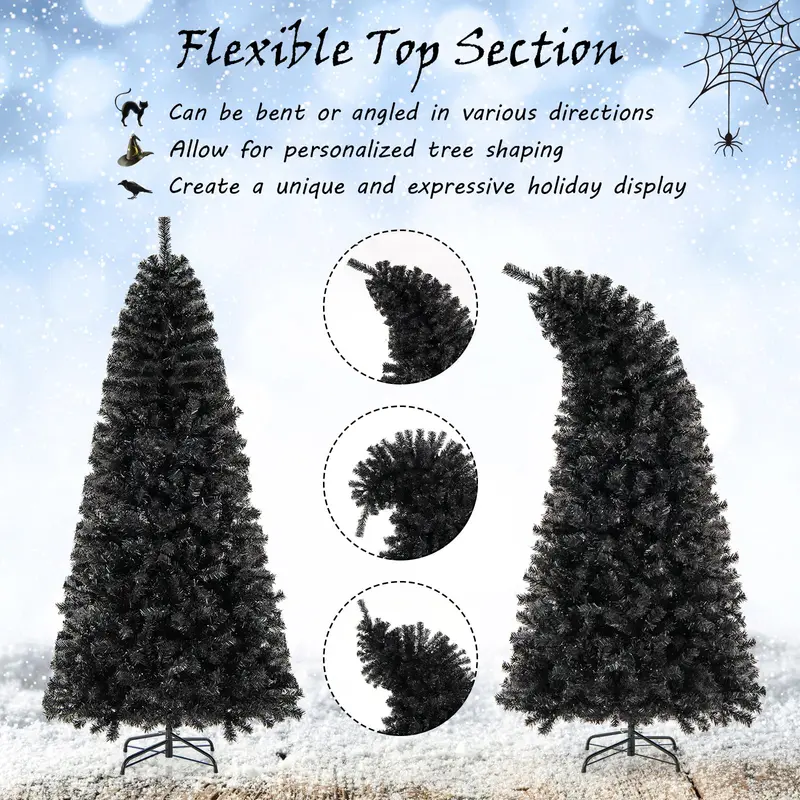 7-Foot Pre-Lit Black Halloween Tree – Bendable-Tip Artificial Tree for Spooky Seasonal Decor
