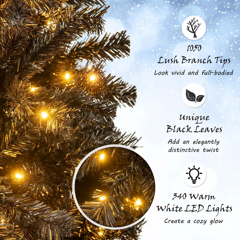 7-Foot Pre-Lit Black Halloween Tree – Bendable-Tip Artificial Tree for Spooky Seasonal Decor