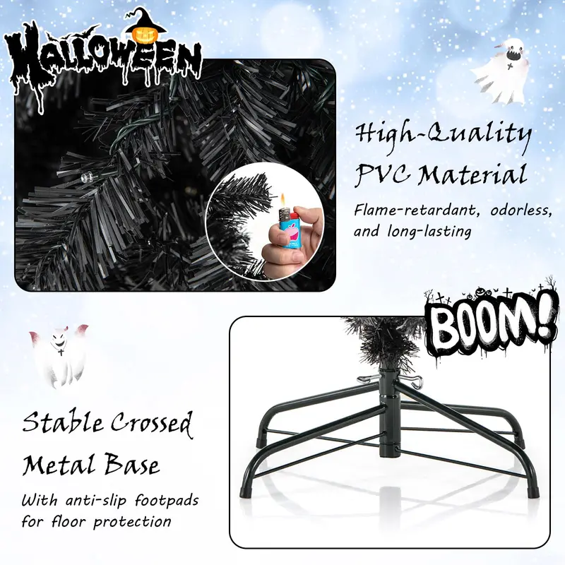 7-Foot Pre-Lit Black Halloween Tree – Bendable-Tip Artificial Tree for Spooky Seasonal Decor
