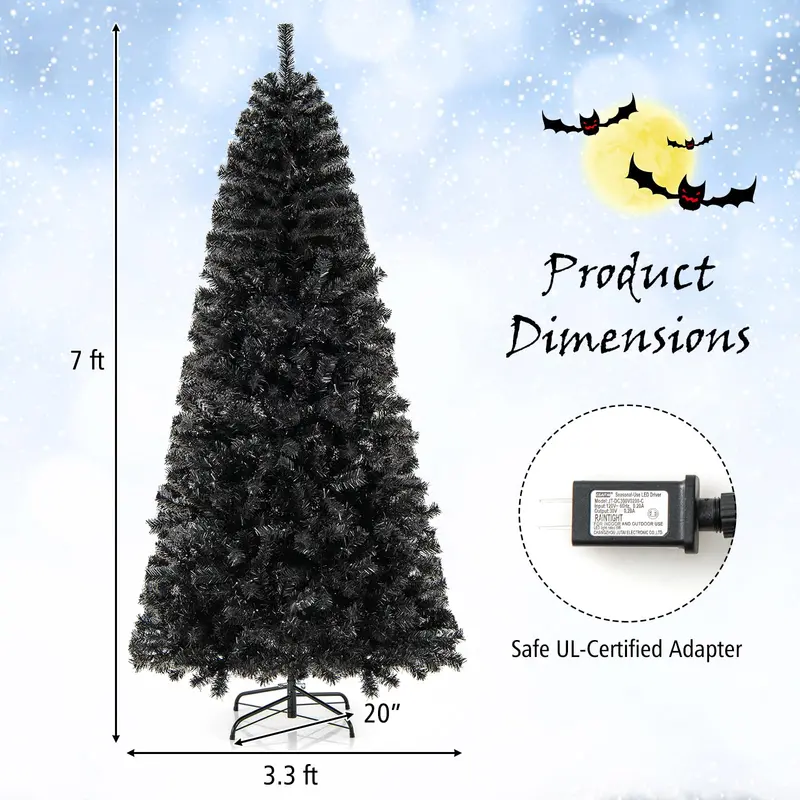 7-Foot Pre-Lit Black Halloween Tree – Bendable-Tip Artificial Tree for Spooky Seasonal Decor