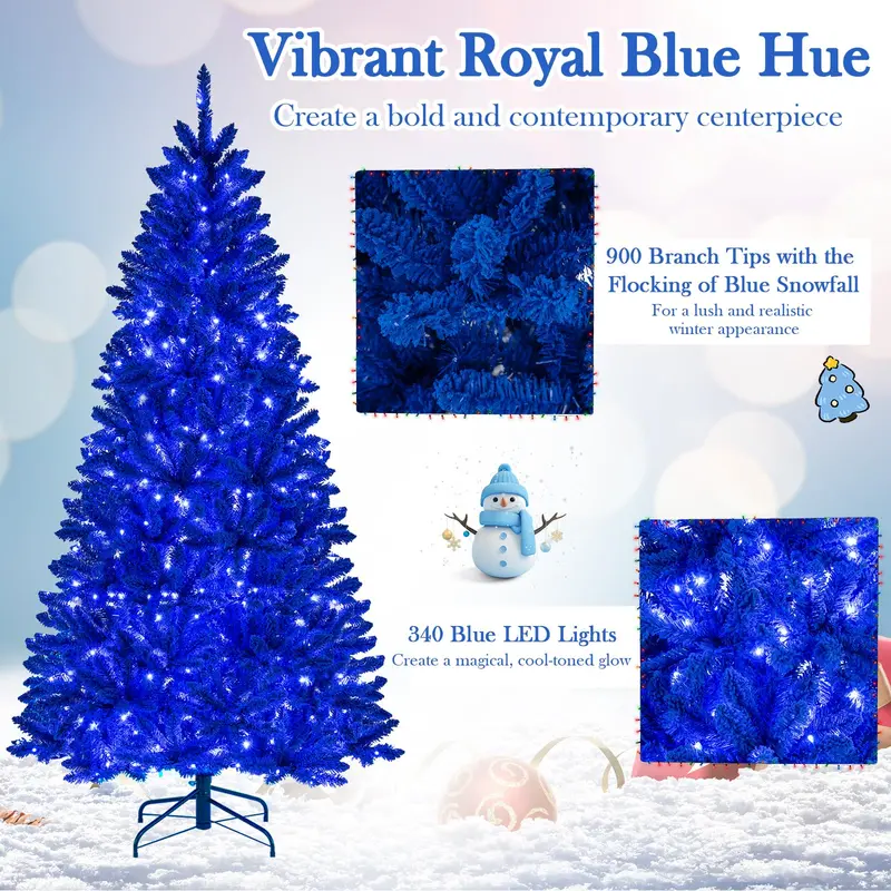 7-Foot Pre-Lit Royal Blue Snow-Flocked Christmas Tree with 340 Warm LED Lights