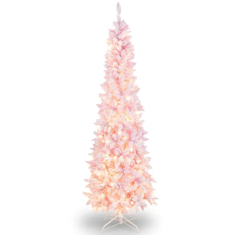 7-Foot Slim Pre-Lit Pencil Christmas Tree with Dense Snow-Flocked Branches & 800 Tips