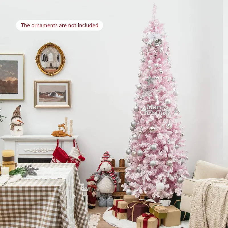 7-Foot Slim Pre-Lit Pencil Christmas Tree with Dense Snow-Flocked Branches & 800 Tips