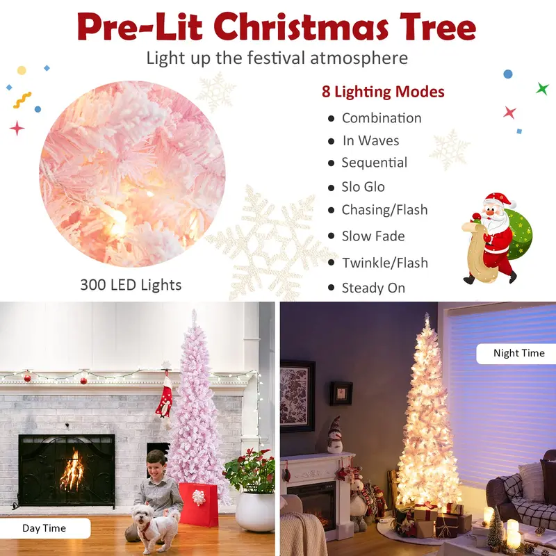 7-Foot Slim Pre-Lit Pencil Christmas Tree with Dense Snow-Flocked Branches & 800 Tips