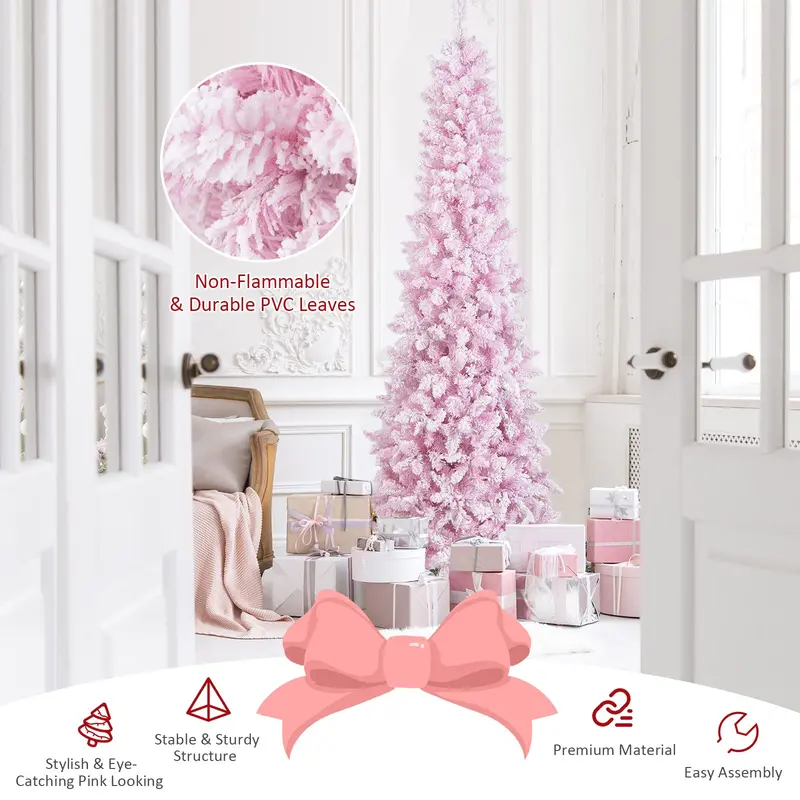 7-Foot Slim Pre-Lit Pencil Christmas Tree with Dense Snow-Flocked Branches & 800 Tips