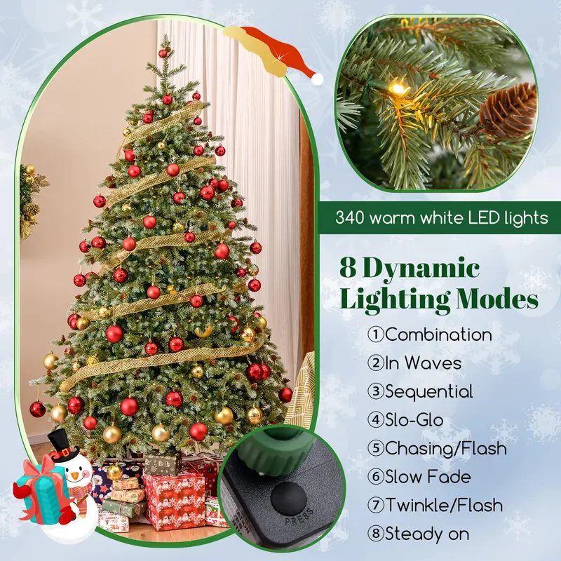7 ft Pre-Lit Full-Profile Artificial Christmas Tree – Hinged Pine-Style Xmas Tree with 340 Warm White LEDs