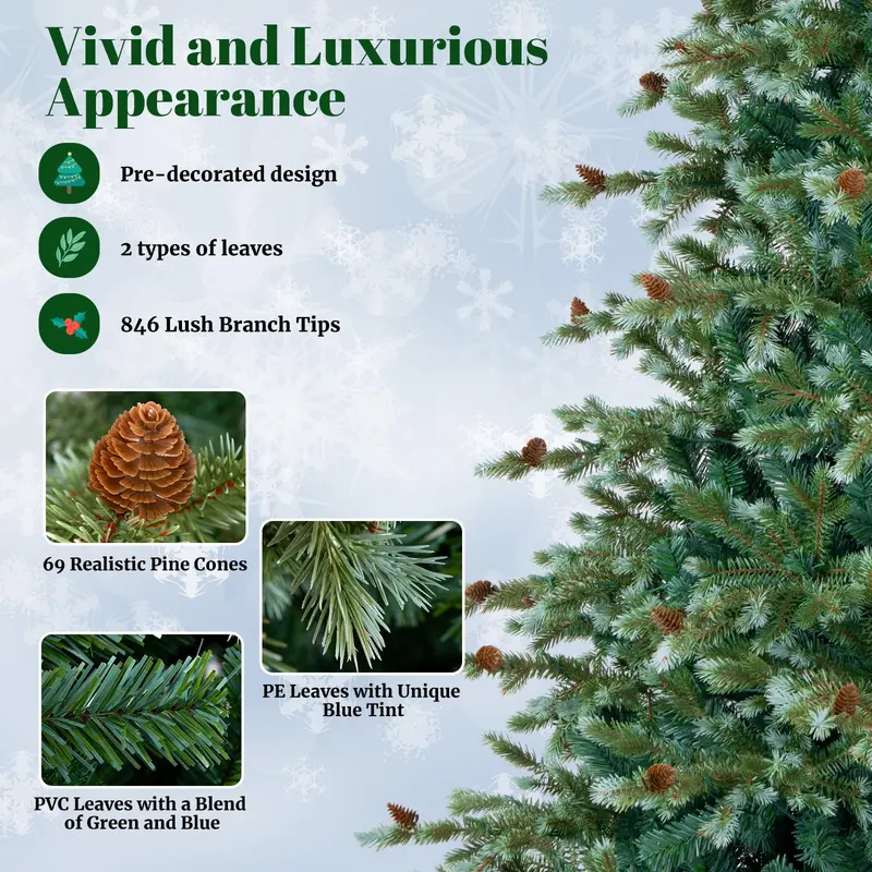 7 ft Pre-Lit Full-Profile Artificial Christmas Tree – Hinged Pine-Style Xmas Tree with 340 Warm White LEDs