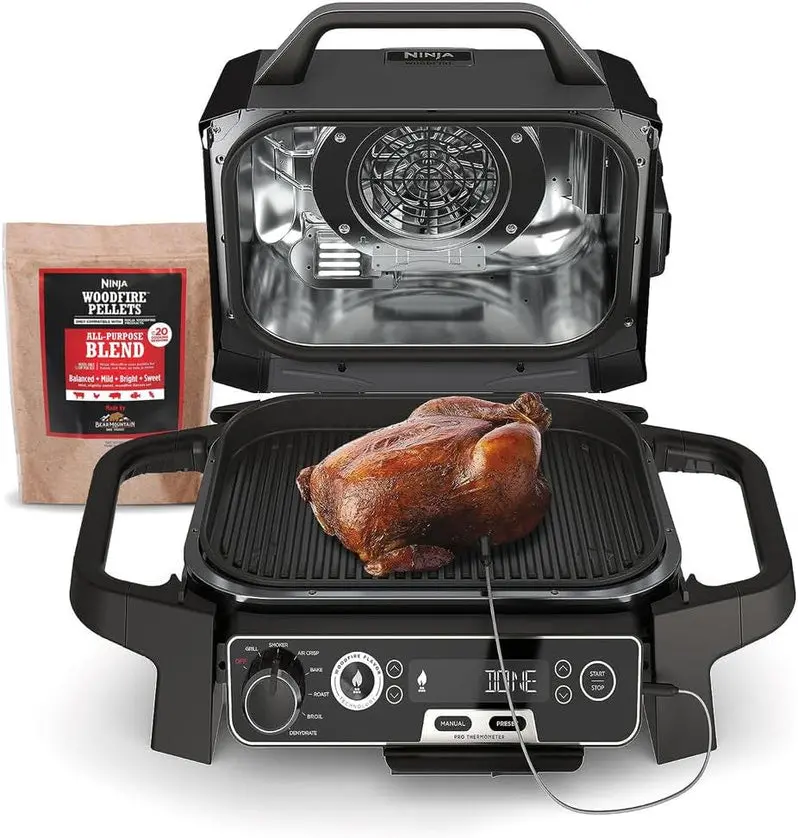 7-in-1 Electric Outdoor Grill & Smoker – Includes Thermometer, Air Fryer, Bake, Dehydrate, and Pellet-Fueled Functions