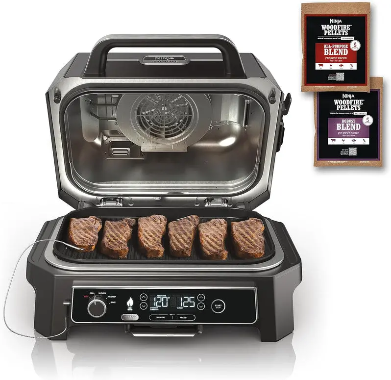 7-in-1 Portable Electric Grill & Smoker – Multi-Function Outdoor Cooking Station with Air Fryer, Thermometer & Grey Finish