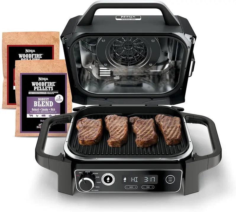 7-in-1 Portable Electric Grill & Smoker – Multi-Function Outdoor Cooking Station with Air Fryer, Thermometer & Grey Finish