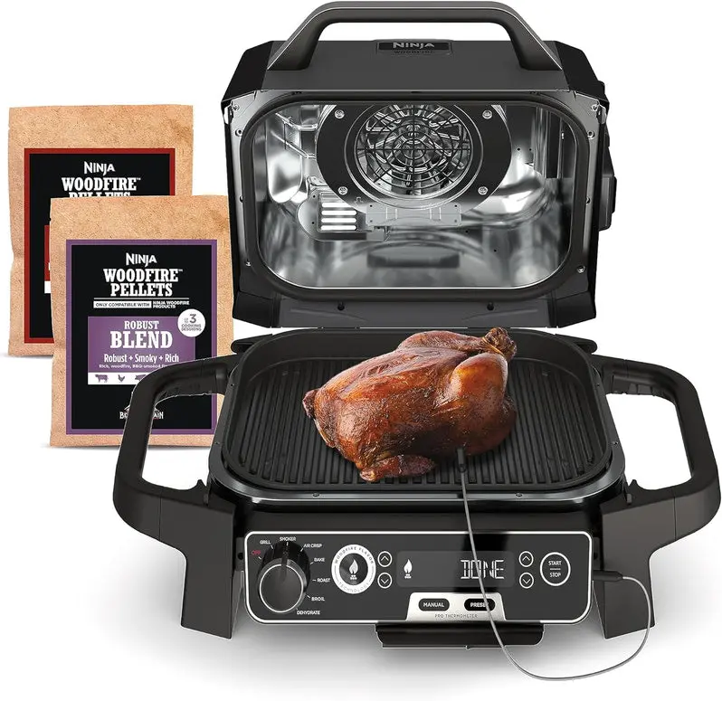 7-in-1 Portable Electric Grill & Smoker – Multi-Function Outdoor Cooking Station with Air Fryer, Thermometer & Grey Finish