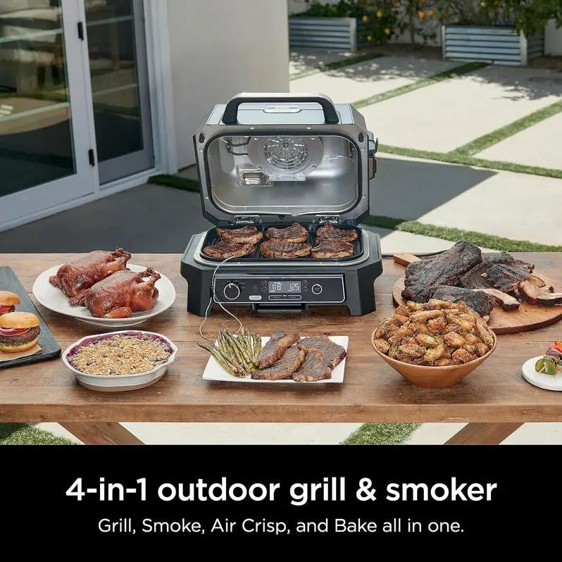 7-in-1 Portable Electric Grill & Smoker – Multi-Function Outdoor Cooking Station with Air Fryer, Thermometer & Grey Finish