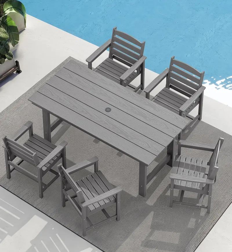 7-Piece HDPE Outdoor Dining Set with Umbrella Hole Table & Matching Chairs 2