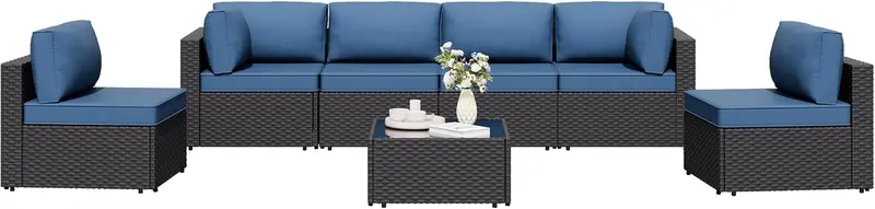 7-Piece Wicker Patio Sectional Sofa – Washable-Cushion Outdoor Conversation Set with Coffee Table for Garden or Backyard