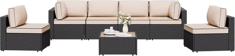 7-Piece Wicker Patio Sectional Sofa – Washable-Cushion Outdoor Conversation Set with Coffee Table for Garden or Backyard