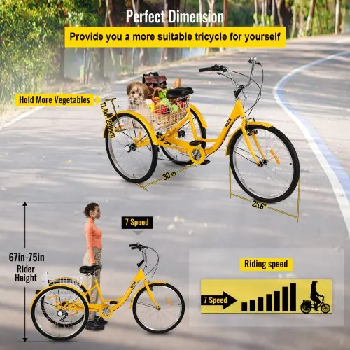 7-Speed Adult Trike – 26-Inch 3-Wheel Cruiser Bicycle with Front Basket & Shopping Convenience