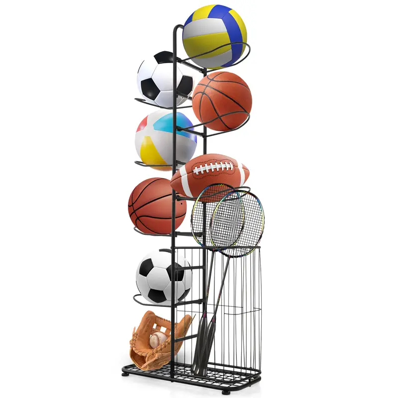 7-Tier Detachable Garage Ball Storage Rack with Rolling Basket