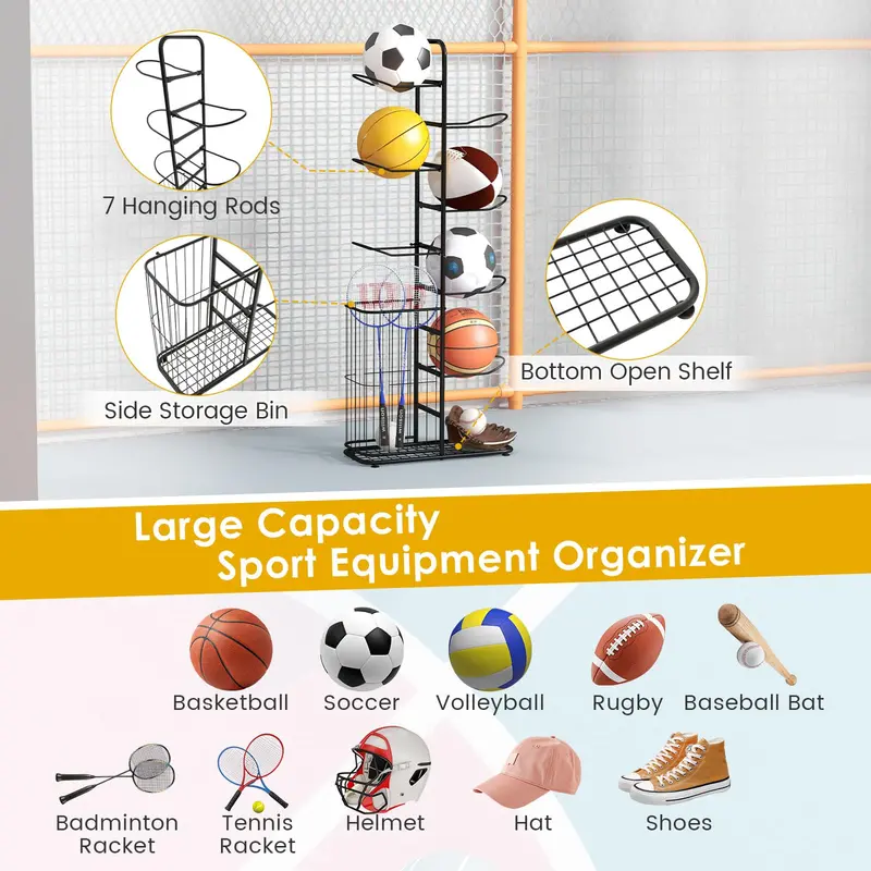 7-Tier Detachable Garage Ball Storage Rack with Rolling Basket 2