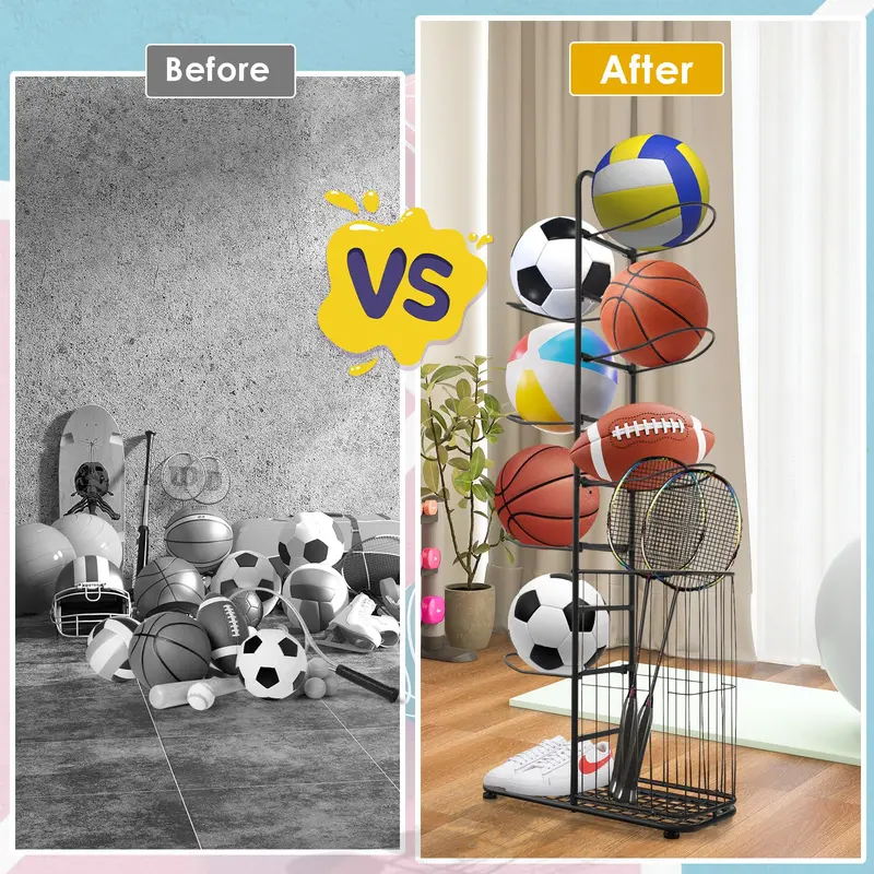 7-Tier Detachable Garage Ball Storage Rack with Rolling Basket