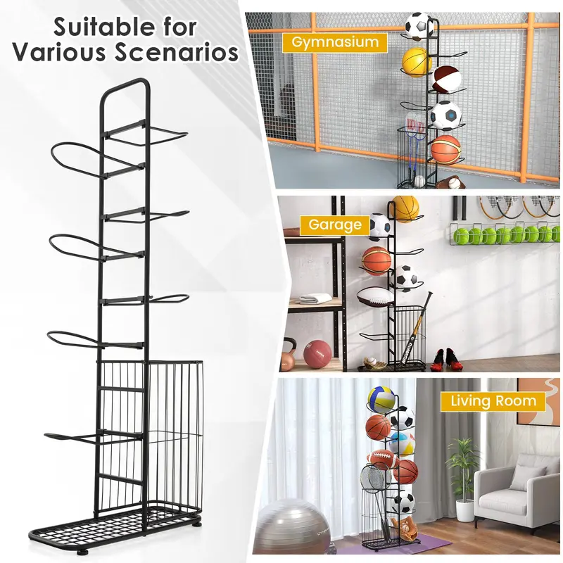 7-Tier Detachable Garage Ball Storage Rack with Rolling Basket