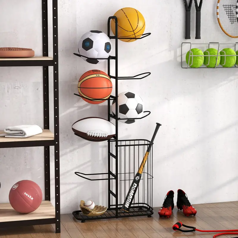 7-Tier Detachable Garage Ball Storage Rack with Rolling Basket